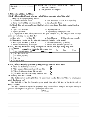 Đề kiểm tra học kỳ I - Môn sinh 7 năm học 2014-2015 ( thời gian làm bài: 45 phút)