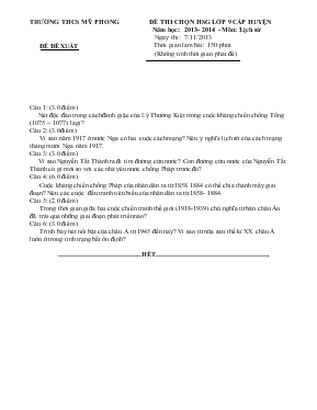 Đề thi chọn học sinh giỏi lớp 9 cấp huyện năm học: 2013- 2014 - môn: lịch sử thời gian làm bài 150 phút