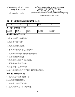 Hướng dẫn chấm thi tuyển sinh lớp 10 phổ thông năm 2015 môn thi: Tiếng Trung quốc (chung)