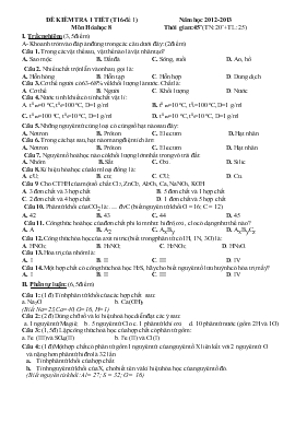Đề kiểm tra 1 tiết  - Đề 1 năm học 2012 - 2013 môn hóa học 8