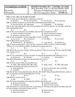 Đề kiểm tra học kì I – Năm học 2014 - 2015 môn: Hóa học lớp 12