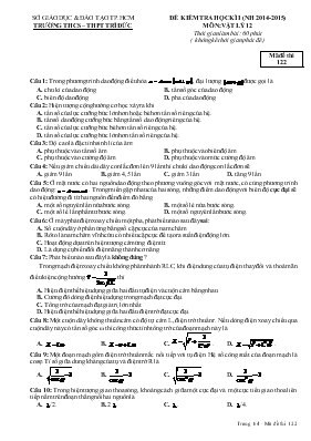 Đề kiểm tra học kì I (năm học 2014 - 2015) môn: Vật lý 12 thời gian làm bài: 60 phút ( không kể thời gian phát đề)