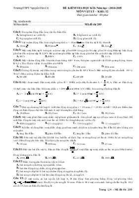 Đề kiểm tra học kì I - Năm học : 2014 - 2015 môn vật lý – Khối : 12 thời gian làm bài: 60 phút trường THPT Nguyễn Văn Cừ