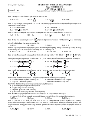 Đề kiểm tra học kỳ 1 trắc nghiệm năm học 2014