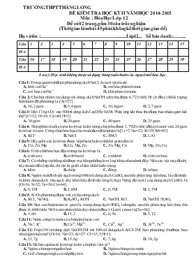 Đề kiểm tra học kỳ II năm học 2014 - 2015 môn : Hóa học lớp 12