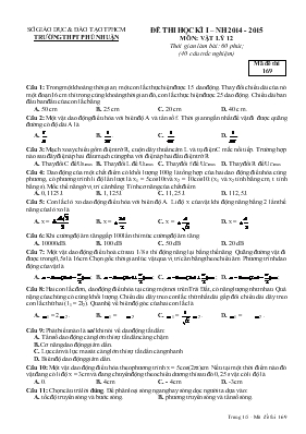 Đề thi học kì I – Năm học 2014 - 2015 môn: Vật lý 12 thời gian làm bài: 60 phút