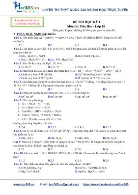 Đề thi học kỳ I môn thi: Hóa học - Lớp 10 thờ
