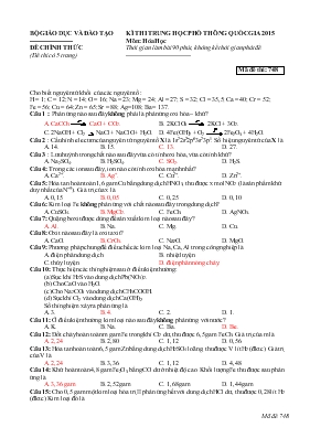 Kì thi trung học phổ thông quốc gia 2015 môn: Hóa học thời gian làm bài 90 phút, không kể thời gian phát đề