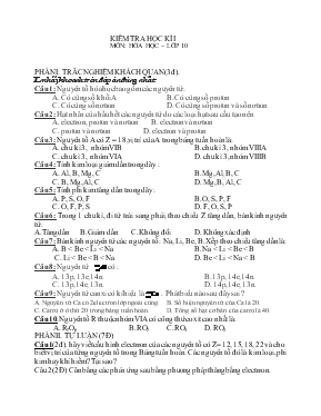 Kiểm tra học kì 1 môn: Hóa học – Lớp 10