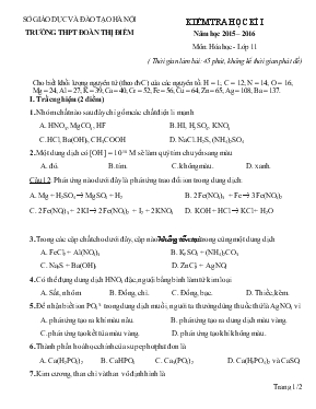 Kiểm tra học kì I năm học 2015 – 2016 môn: Hóa học - Lớp 11