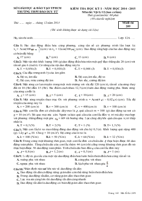 Kiểm tra học kỳ 1 – Năm học 2014 - 2015 môn thi: Vật lí 12 (ban cơ bản) thời gian làm bài: 60 phút