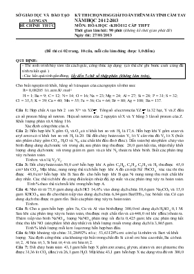 Kỳ thi chọn học sinh giỏi giải toán trên máy tính cầm tay năm học 2012 - 2013 đề chính thức môn: Hóa học - Khối 12