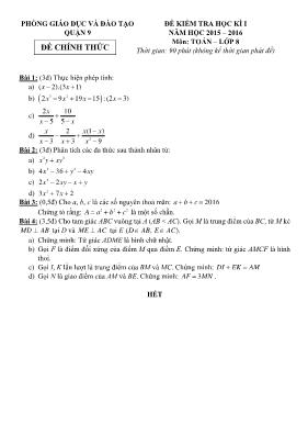 Đề kiểm tra học kì I Quận 9 năm học 2015 – 2016 môn: Toán – lớp 8