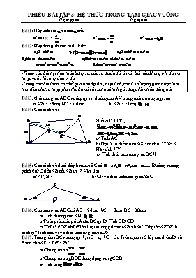 Phiếu bài tập 3: Hệ thức trong tam giác vuông