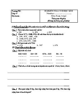 Bài kiểm tra cuối học kì II môn Toán lớp 2 - 