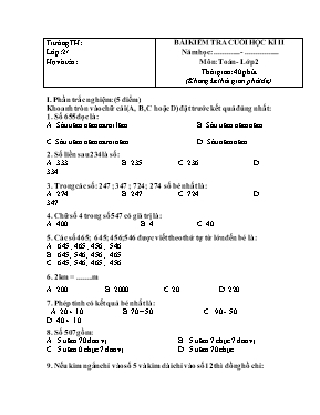 Bài kiểm tra cuối học kì II môn Toán lớp 2 - 