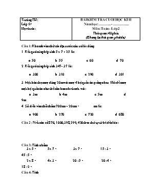 Bài kiểm tra cuối học kì II môn Toán lớp 2 - 