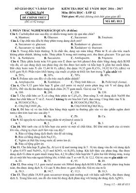 Kiểm tra học kì I năm học 2016 – 2017 môn: Hóa học - Lớp 12 - Mã đề: H13