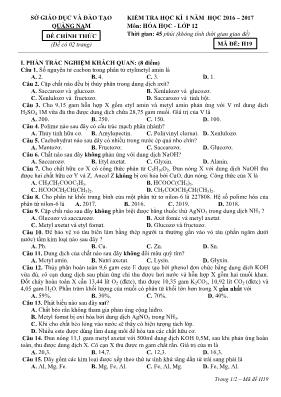 Kiểm tra học kì I năm học 2016 – 2017 môn: Hóa học - Lớp 12 - Mã đề: H19