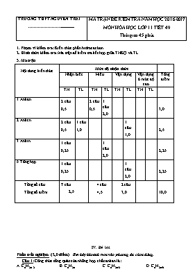 Ma trận đề kiểm tra năm học 2016 - 2017 môn Hóa học lớp 11 - Tiết 49 - Trường THPT Nguyễn Trãi