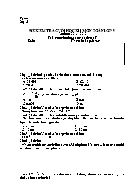 Đề kiểm tra cuối học kì I môn Toán lớp 5 năm học: 2016 - 2017