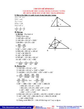 Chuyên đề hình học Vận dụng hệ thức lượng trong tam giác vuông để chứng minh một số hệ thức trong hình học