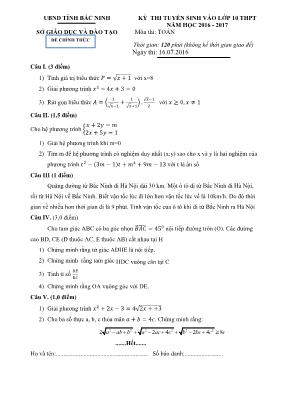 Đề thi tuyển sinh vào lớp 10 THPT năm học 2016 - 2017 môn thi: Toán