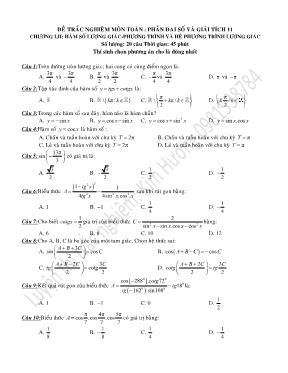 Đề trắc nghiệm môn toán: Phần Đại số và giải tích 11 - Chương I, II: Hàm số lượng giác - Phương trình và hệ phương trình lượng giác